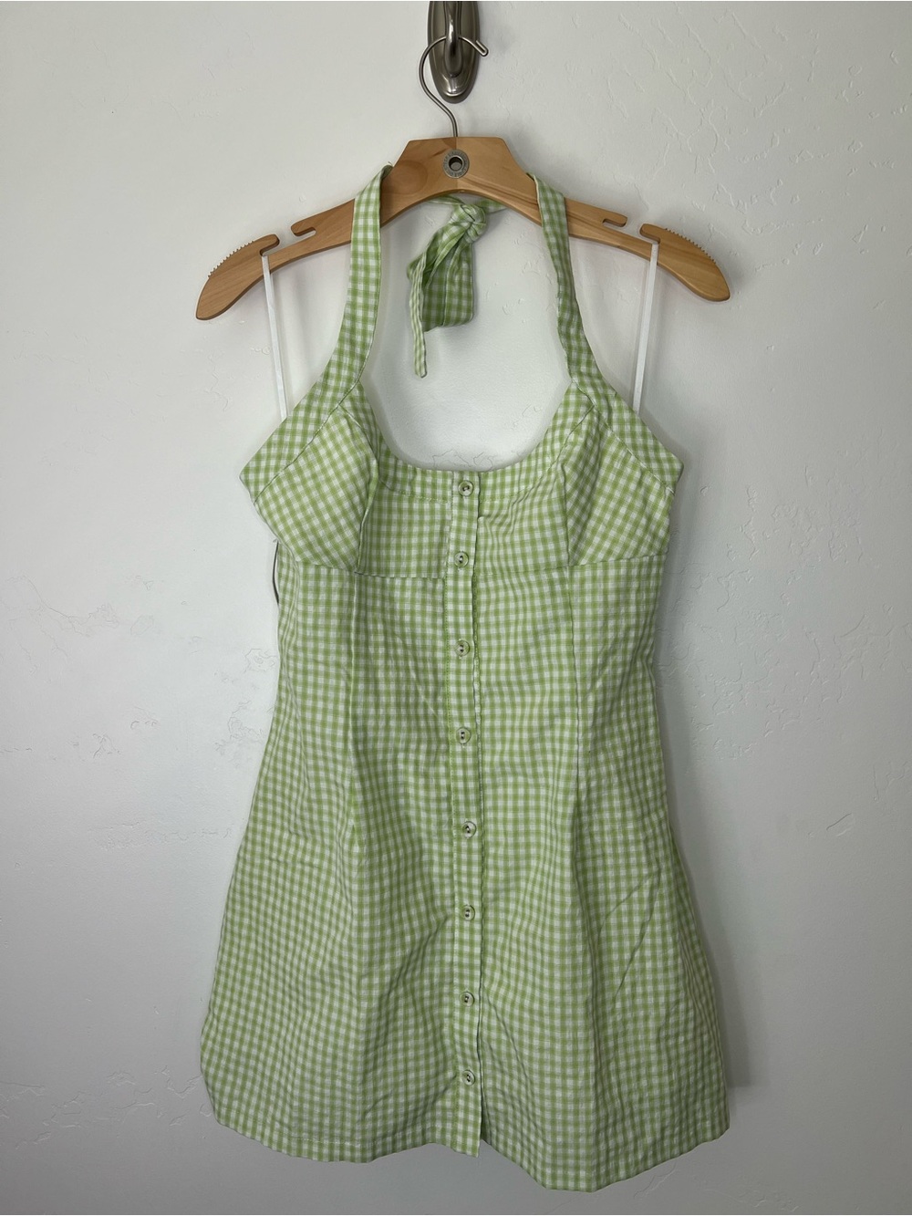 NWT Princess Polly Halter Mini Dress in Green Checkers with Button-Front